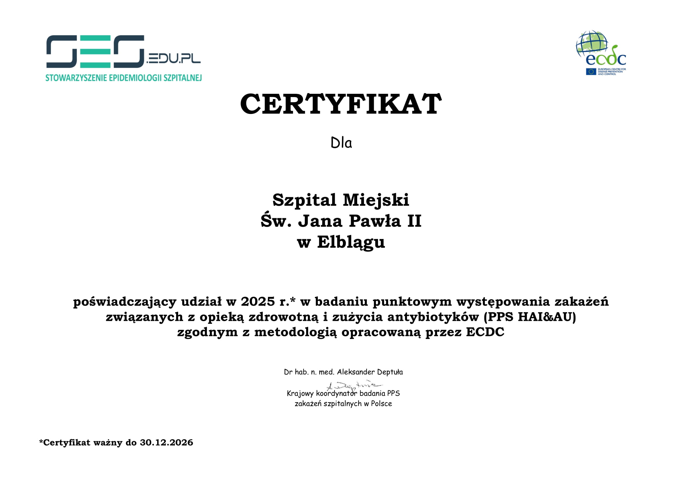 Certyfikat poświadczający udział w badaniu punktowym występowania zakażeń Certfikat PL293