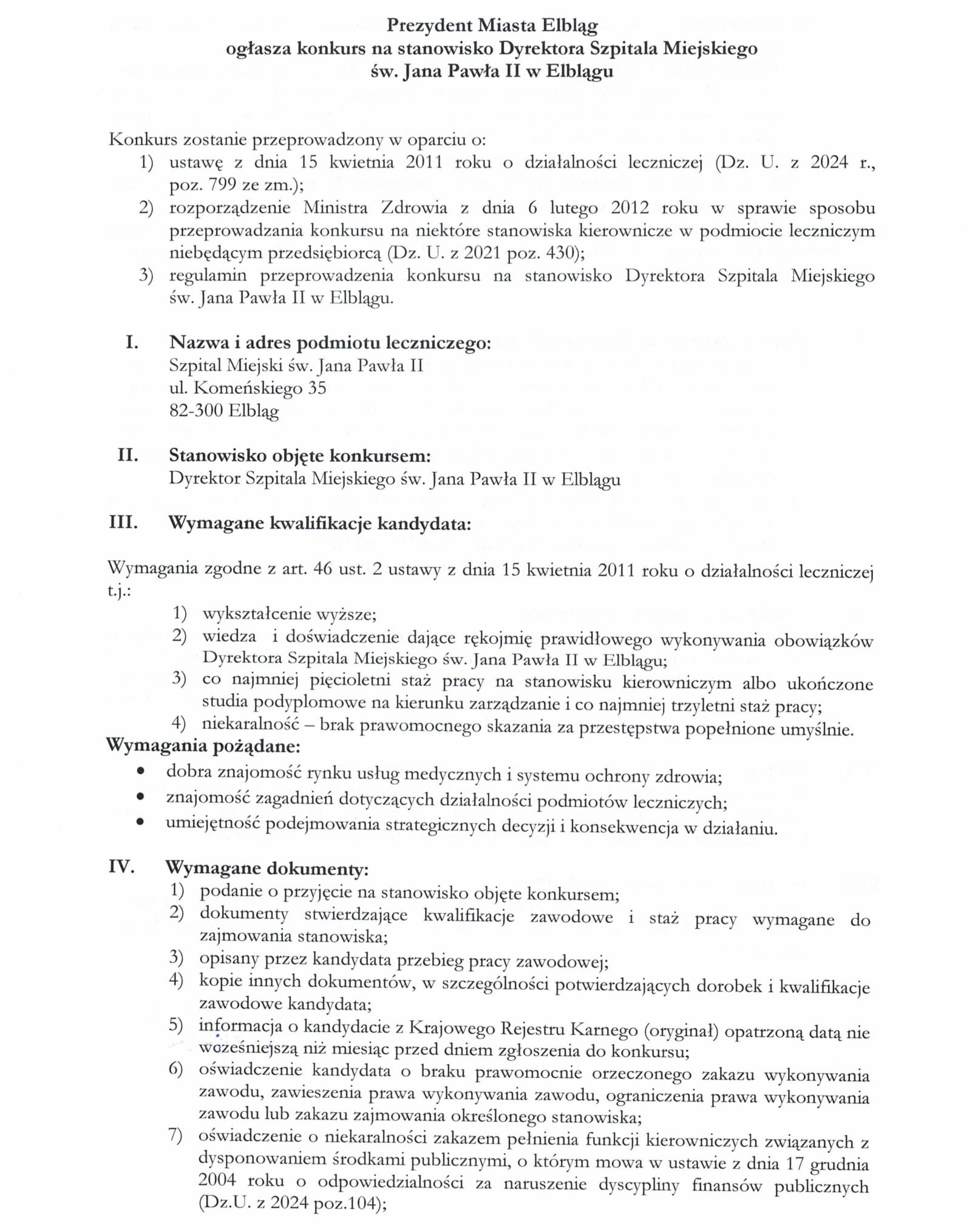ogłoszenie o konkursie II 1